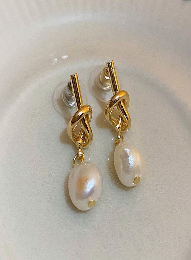 TACBSP Gold Pearl Earrings for Women Dainty Pearl Knot Dangle Earrings Hypoallergenic Pearl Geometric Stud Earrings Trendy Jewelry Gifts for Women (A.) - Image 5